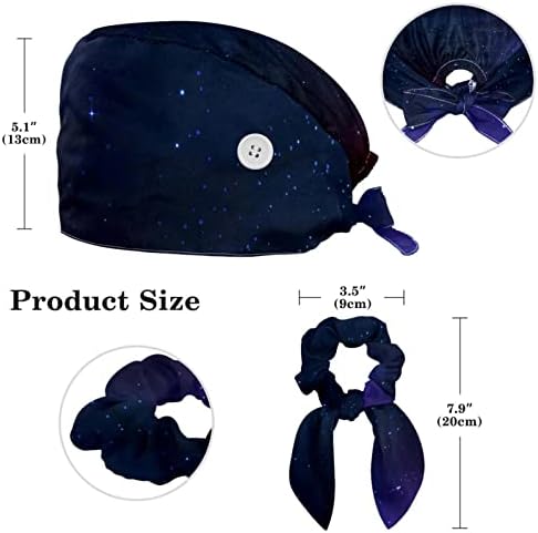 Chapéus cirúrgicos e conjunto de scrunchie de coelho, Space Universe Planet Caps de esfoliação ajustável com botão para mulheres