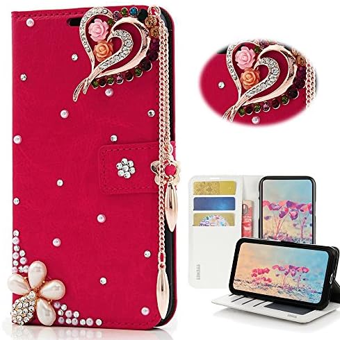 STENES LG K30 CASO - ENLISHO - 3D Bling Bling Crystal Heart Pingente Flores Design Slots de Crédito de Cartão de Crédito Dobra