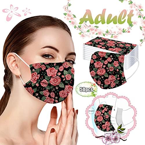 JMETRIE 50pc Máscara facial descartável para adultos, Flores de proteção ao ar livre Máscara impressa Máscara de face Máscara confortável respirável