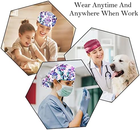 2 PCS Nurse Scrub Caps Cabelo de cabelo comprido, Cacto de trabalho ajustável de cactos suculentos com botão e banda