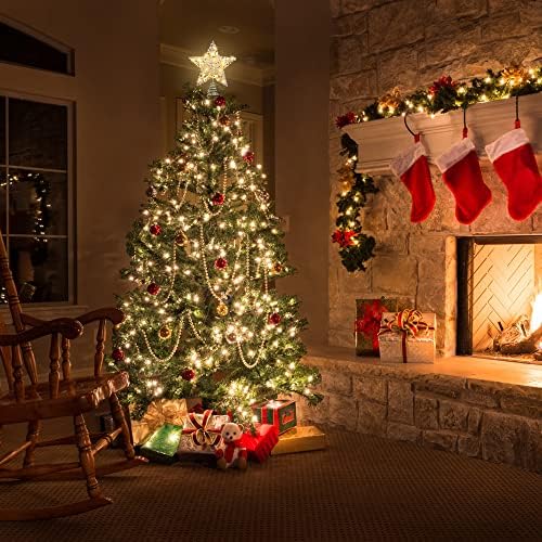 Joicee Christmas Tree Topper, Christmas Snow White Star Tree Tree com luzes de corda de cobre LED para decoração de Natal, coco de árvore de estrela branca oca para a decoração de férias de ano novo no Natal