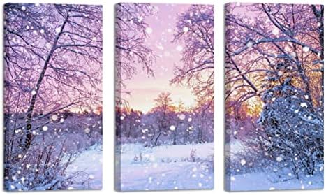 Arte de parede para sala de estar, árvores florestas Sunrise Purple Winter Sunset Landscape emoldurada Pintura a óleo decorativa Conjunto de arte moderna decorativa pronta para pendurar 20 x40