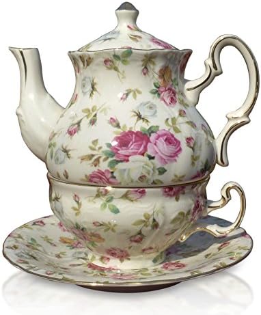 Elizabeth Park Floral Rose Chintz Conjunto para 1 xícara de porcelana, pires, bule de chá