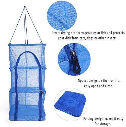 Flbirret dobrável 4 camadas penduradas na rede de rack seco com rede de malha com zíper para secagem rápida e proteção contra insetos e animais, azul