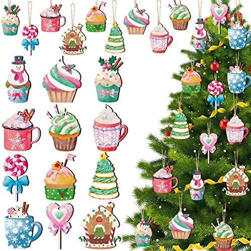 BBTO 36 peças Ornamentos de Natal Cupcakes Candy Wood Ornamentos com corda Decoração de capa de Natal Hot Cacau Ornamentos de madeira Ornamentos de café Ornamentos de madeira Decoração de natal para a árvore