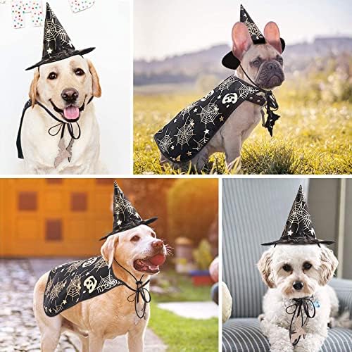 Qidelong 2 pack cães trajes de halloween, capa de vampire de estimação e roupa de chapéu de bruxa, roupa de festa, vestuário engraçado de cosplay, para cães grandes médios, chapéu/capa do bruxo com abóbora e padrão web de aranha