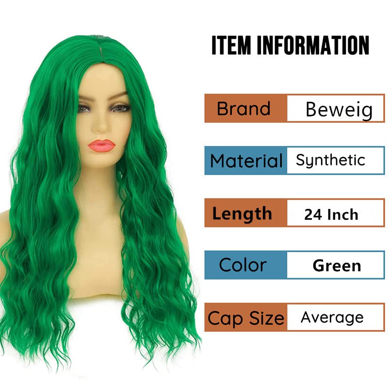 Beweig Long Curly Curly Wavy Green Wig para Mulheres Médias Parte de Cosplay Cosplay peruca sintética Substituição de substituição