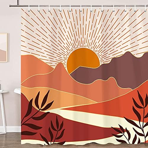 Cortina de chuveiro de meados do século Morden Boho, pôr do sol abstrato da montanha com folhas de folhas cortina de chuveiro minimalista cortinas de banho geométricas Boho