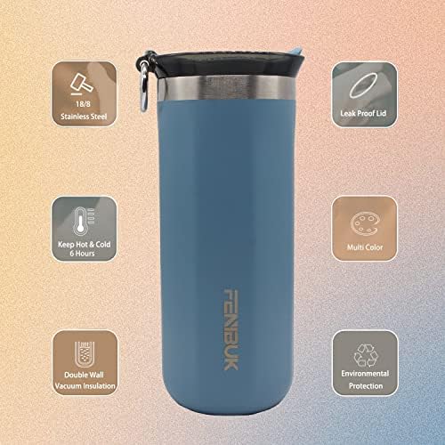 Tumbler de café isolado Fenibuk com tampa à prova de vazamentos, caneca de café de aço inoxidável de parede dupla, copo térmico à prova de vazamentos, azul de 15 onças