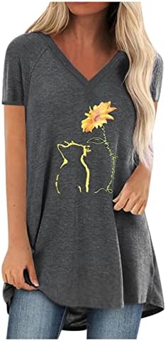 Camiseta da blusa para meninas adolescentes 2023 manga curta vneck algodão sol gato girassol floral salão gráfico