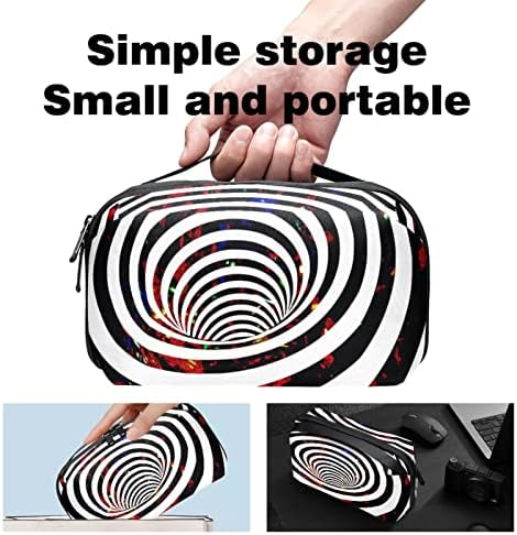 Organizador eletrônico Small Travel Cable Organizer Bag para discos rígidos, cabos, carregador, USB, cartão SD, Psyche Swirl Circle White Black