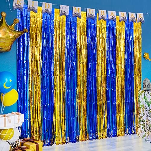 LOLSTAR RAMADAN KAREEM FERRA CORTINAS FRINGE, decorações muçulmanas do Ramadã para casa, 2 pacotes de 3,3 x 6,6 pés azul e dourado