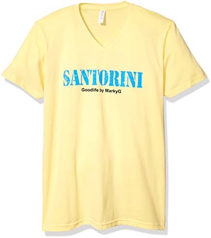 Tamas premium impressas em gráficos de Santorini ajustadas, camiseta de decote em V de manga curta comprada
