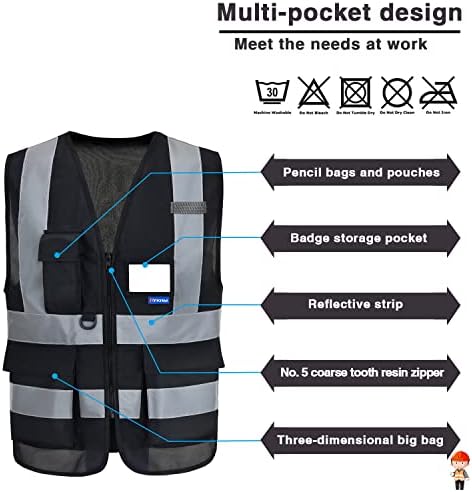 A-segurança de 7 bolsos Hi viz zíper frontal colet de segurança com tiras reflexivas, várias cores disponíveis, preto s