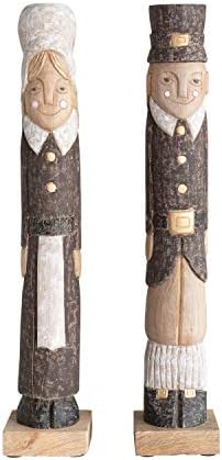 Cooperativa criativa 3-3/4 Round x 22 H Pilgrim de madeira de manga esculpida à mão, preto e branco, conjunto de 2 figuras e estatuetas,