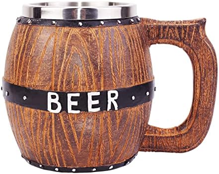 Caneca de cerveja de madeira de madeira de carvalho vintage, molde de resina aço inoxidável xícara de capa de Stein