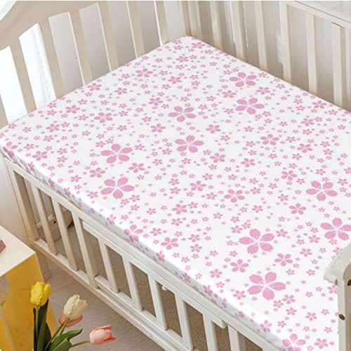 Flor de cerejeira com tema Mini lençóis de berço, Material Ultra Soft - Folha de colchão de berço ou lençol de criança, branco rosa pálido, 24 “x38“