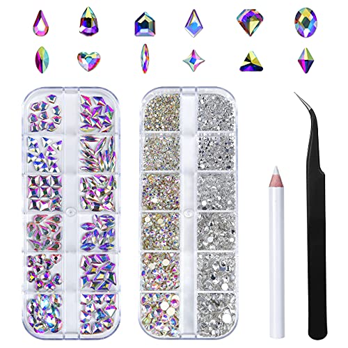 Huetfat 120pcs Multi -Formas Cristal AB 2400pcs Gemas de unhas planas para unhas 8400pcs Multi Shapes Gems de vidro para