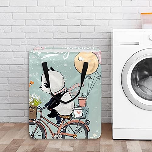 Panda na bicicleta com balões de roupa de lavanderia, cesta de lavanderia dobrável à prova d'água com alças para o berçário