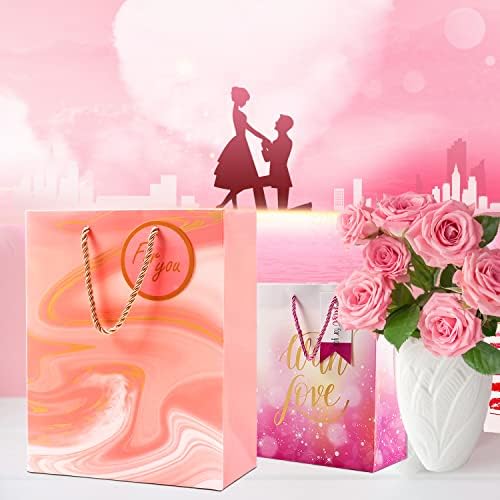 Mamunu 5 bolsas de presente de embalagem tamanho médio, saco de papel rosa com ponto, amor, padrão de coração, sacos de