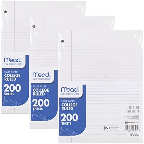 Papel de folha solta do Mead, College governou, 200 folhas, 10-1/2 x 8, 3 buracos perfurados para fichário de 3 anel, redação e papel de escritório, perfeito para faculdade, K-12 ou escola em casa, 3 pacote
