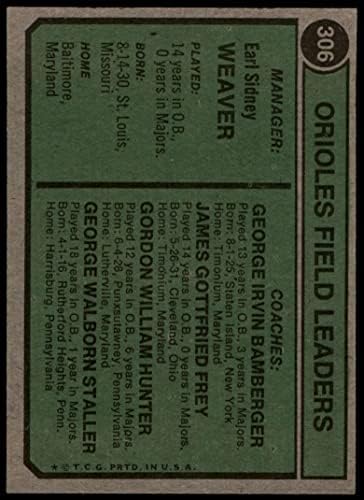 1974 Topps 306 Líderes de Orioles Earl Weaver/George Bamberger/Jim Frey/Billy Hunter/George Staller Baltimore Orioles