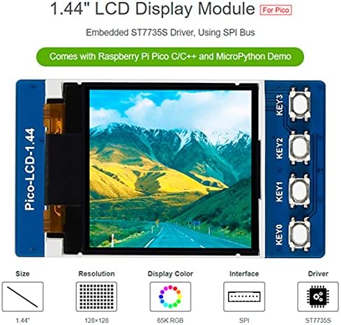 Módulo de exibição LCD de Bicool 1.44 polegadas para Raspberry Pi Pico, 128 × 128 Painel de exibição TFT TFT 65K RGB Exibição de cor clara e efeito colorido, ST7735S Driver SPI Interface 3.15V ~ 5V
