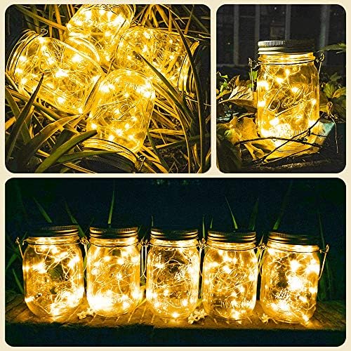 Luzes de jarra de pedreiro solar Sunkite [Atualizado], 8 pacote 20 LEDs LEDs à prova d'água Faires Firefly Jar Luzes de cordas com cabides, decoração de casamento no jardim do jardim do pátio - branco quente