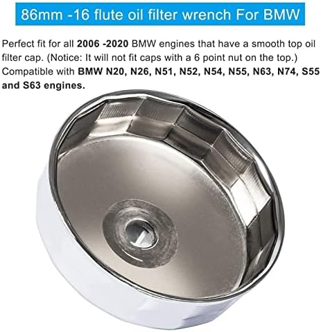 Chave de filtro de óleo de aço prateado 86mm 16 flautas universais Ferramenta de remoção de filtro de óleo de aço cromado universal, encaixe de filtro de óleo para BMW Volvo