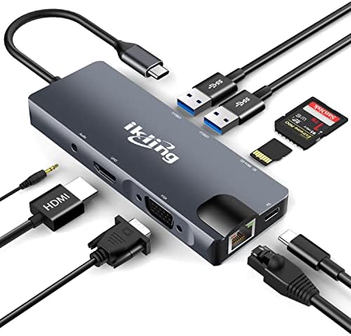 Ikling USB C Hub, adaptador USB 9-1 USB com 4K USB C a HDMI, VGA, Gigabit Ethernet, 100W PD, 2 USB-A 5 Gbps, MicroSD/SD
