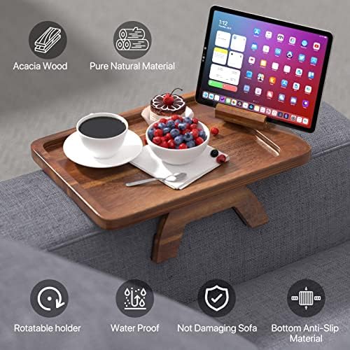 Gaohang Couch Arm Table, bandeja de braço de sofá de madeira de acacia com suporte de giro de 360 ​​°, clipe de sofá na mesa