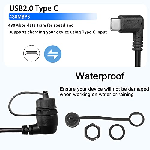 Ângulo de 90 graus de qianrenon C cabo de montagem de montagem de descarga USB Tipo C 2.0 fêmea para homens ângulo reto de extensão à prova d'água, rosqueado no painel ou painel, 30cm/11,8 em