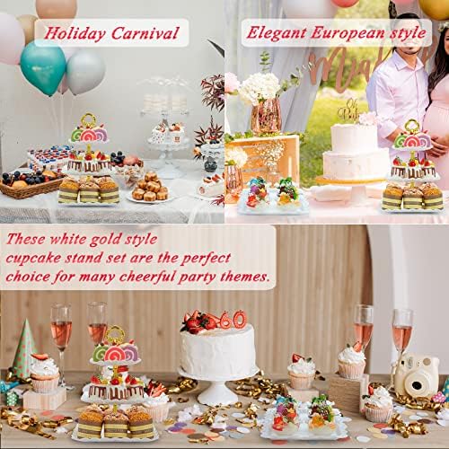 Conjunto de exibição de mesa de sobremesa, cupcakes de 5 pcs cupcakes, torre de cupcakes quadrados de ouro branco Yuugitil e 14,5 Apertizador que serve bandejas para festas, suporte de cupcakes de 3 camadas para o aniversário de aniversário do aniversário do bebê