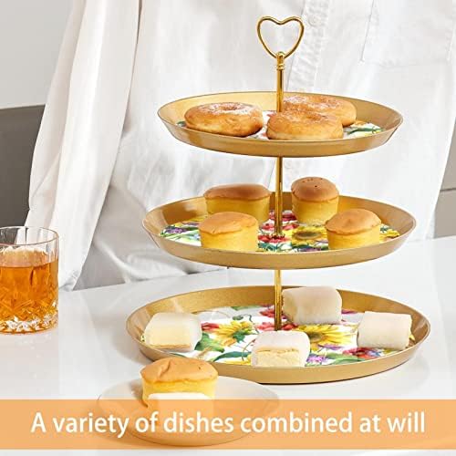Bolo Stand Conjunto de 3 cupcake de camada Stands Plates de pastelaria reutilizáveis ​​para decorações de festas de chá de aniversário de casamento, girassol floral de milho papoula