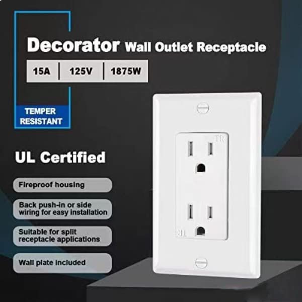 Galaxylense 15 amp Decorator Receptacle Wall Outlet, 15a/125V/1875W, UL listado, TR, branco com placa de parede para uso residencial