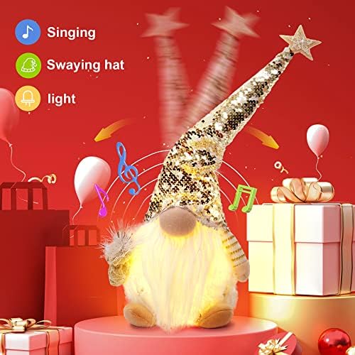 Cilydame cantando gnomos de natal, chapéu de raspada com lantejoulas douradas, gnomos de Natal feitos à mão com corpo de iluminação LED, decorações de Natal na mesa de inverno