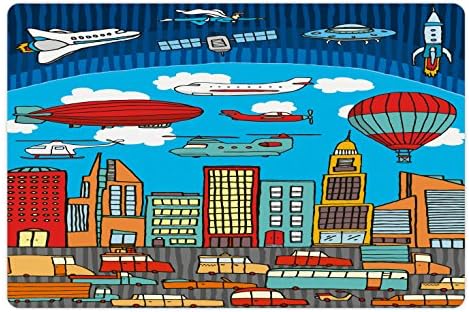 Pet de desenho animado lunarable tapete para comida e água, movimentada metrópole da cidade com balão de ar quente zeppelin planing ufo urban town gráfico, retângulo de borracha não deslizante para cães e gatos, multicolor