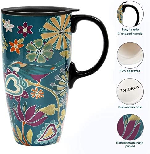 TopArorn Coffee Creamic Caneca Porcelana Late Cup com tampa 17oz. Sinfonia floral, pássaro verde