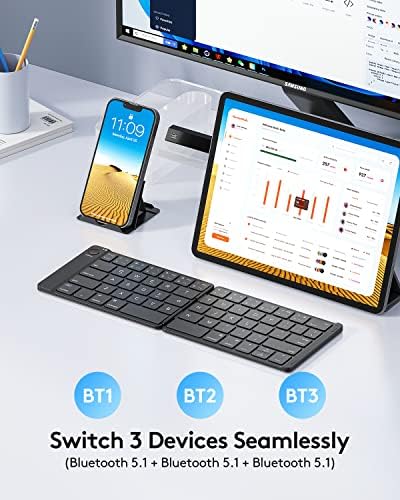 Teclado Bluetooth dobrável Samsers - teclado portátil sem fio, teclado dobrável de deslocamento de alumínio Ultra -Slim para iPhone iPad Mac Android Windows iOS, Black & Gray