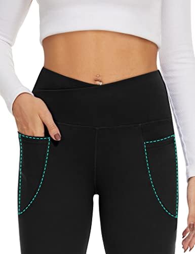 Calças de ioga preta feminina do esôft com bolsos, perneiras de altas cinto de bootcut