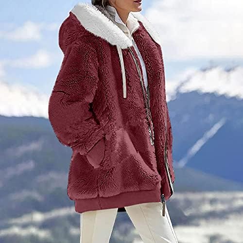 Jaquetas de inverno Zefotim para mulheres, mulheres da moda Soild Plush Zipper Capeled Coat solto quente manga longa bolsos de bolsos