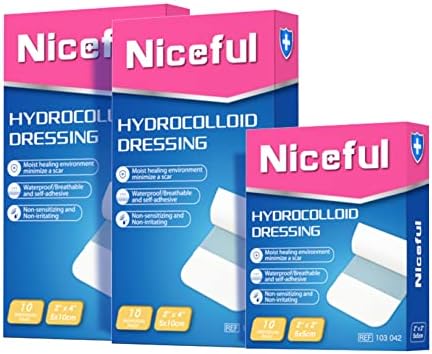 Niceful 20 pacotes Bandagens hidrocolóides 2x4 in, 10 pacotes Bandagens hidrocolóides 2x2 in, molho hidrocolóide