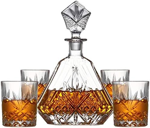 Whisky Decanter Whisky Glasses Conjunto de 5 peças exclusivas elegantes premium sem chumbo Crystal Whisky Decanter e Glass Set com rolha ranhurada chanfrada, excelente presente para qualquer ocasião