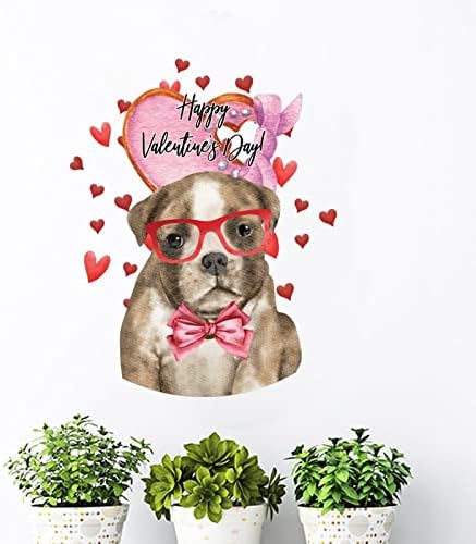 Cachorro com óculos vermelhos e amor adesivo de parede de parede de coração pet cão de estimação feliz dia dos namorados, berçário de decoração de parede removível adesivos adesivos para parede para berçário decoração de quarto