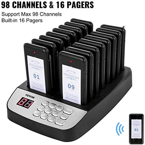 VEVOR F100 Restaurant Pager System 16 PAGERS, MAX 98 BIPES SISTEMA DE CHAMADA sem fio, definida com vibração, piscando e campainha para igreja, enfermeira, hospital e hotel