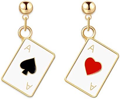 CoadiPress Brincos de cartas de pôquer assimétricas para mulheres meninas moda Funny Gold Bated Red Hearts and Black Spades Playing Cards Ace Dangle Drop Brincos Jóias Presente de joias