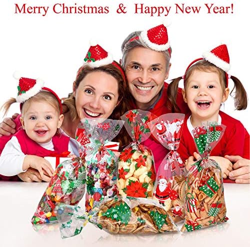 150 peças claras sacolas de goma de goma de natal Celophane Bags de tratamento de Natal Bolsas de férias Snowflake boneco de neve Papai Noel Padrões de árvores de natal