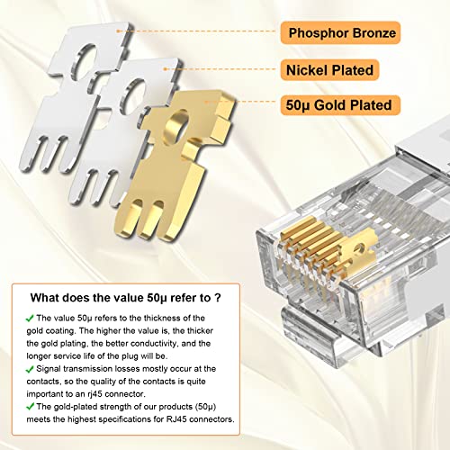 Connectores VCELink RJ45 Cat7/Cat6a Ul listado com pacote de 30 pacote de 30 pacote, não passa-thrubu plugues modulares de 50U Network banhado a ouro com botas de alívio de tensão-preto