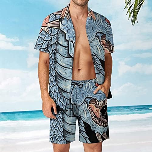 WeedKeyCat Dragon Head Men's Beach Roupfits 2 peças Button Hawaiian Down Camisa Manga curta e truncos