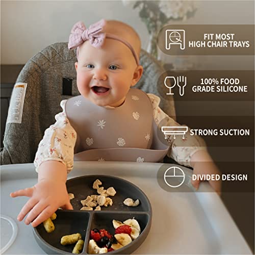 Placas de sucção Moonkie para bebê com tampas | Placas divididas sem deslizamento com base de sucção | Placa de silicone sem BPA para bebê e criança | Lavagem de louça e microondas - 2 pacote